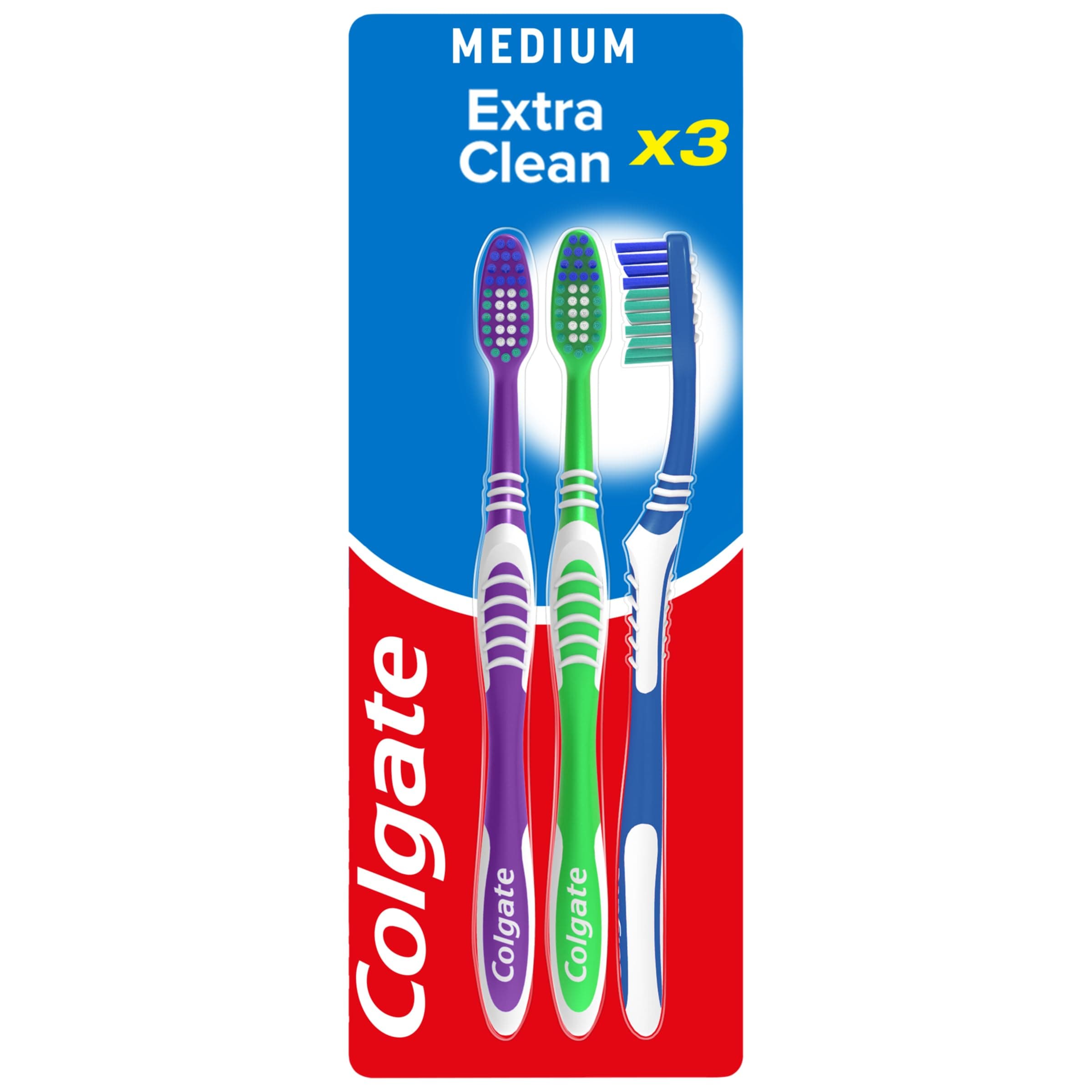 Extra Clean Medium Toothbrush (Assorted) with a Cleaning Tip that Reaches and Cleans Back Teeth, (Pack of 3)