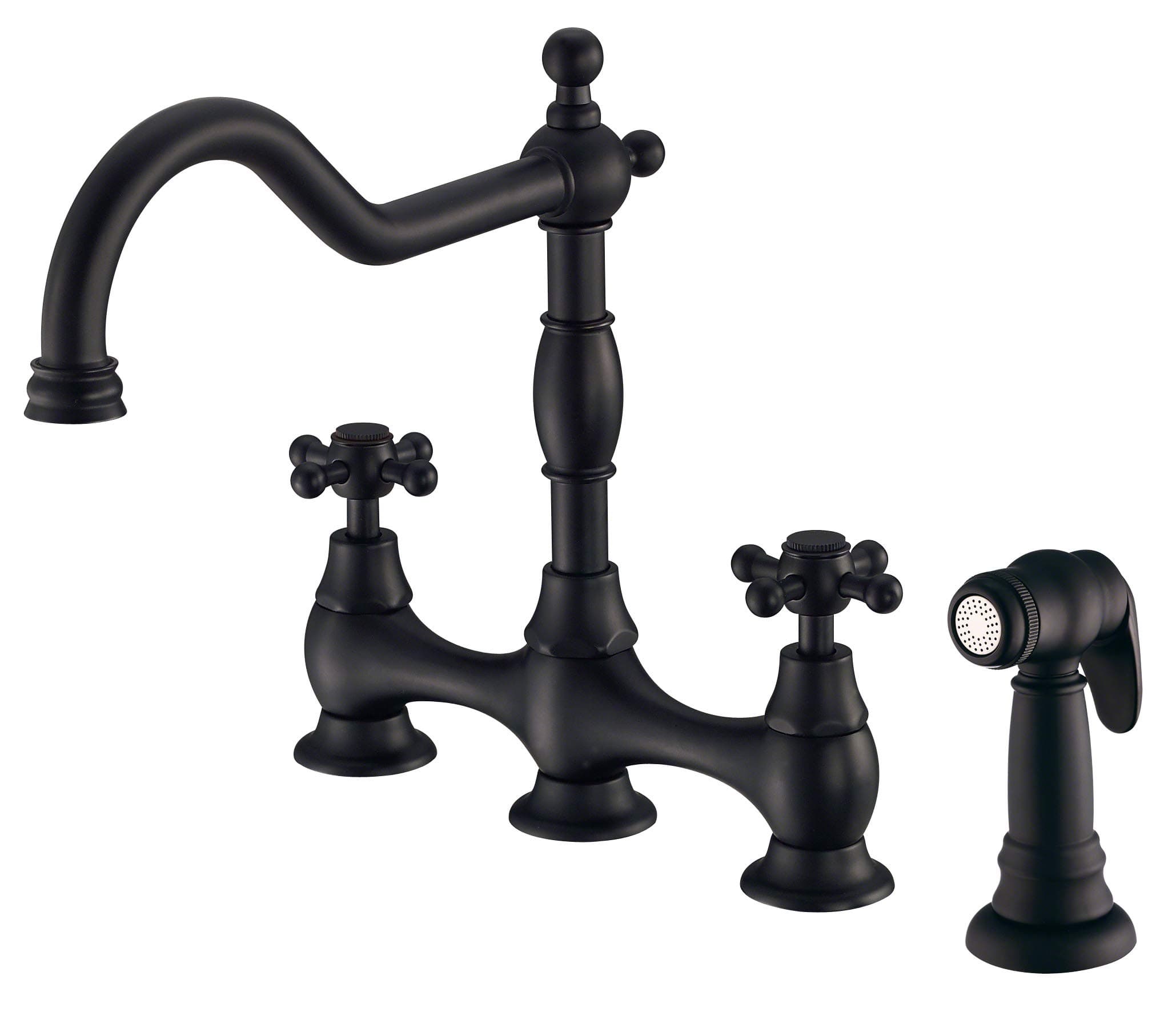 Gerber Opulence Bridge Kitchen Faucet with Side Spray – 2-Handle Farmhouse Sink Faucet, Traditional Style, Swivel Spout, Heavy-Duty Brass, 8-Inch Center, 4-Hole Deck Mount in Satin Black