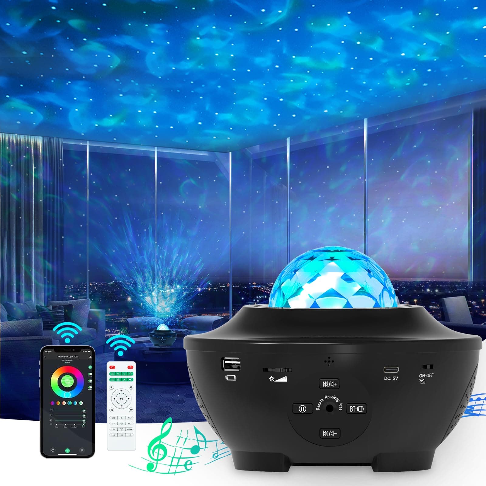 YunLone Galaxy Projector Smart WiFi Star Projector Ceiling Sky Light Projector Night Light with Bluetooth Music Speaker, Gift for Kids Adult with APP Control, IR Remote Control, Compatible with Alexa Unbound