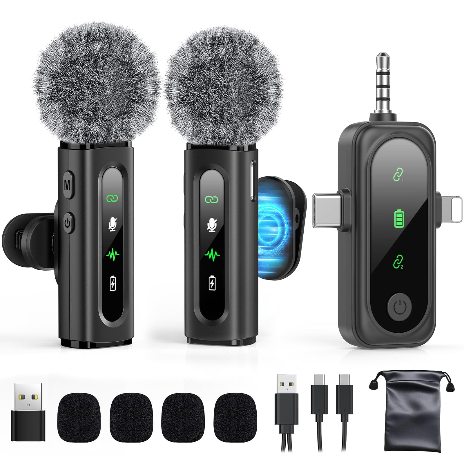 GoorDik Wireless Lavalier Microphone for iPhone, Android, USB C, PC, Camera Video Recording 4 in 1 Clip-on Mics with Rotatable Clip&Denoise Recording, for Vlog Tiktok YouTube Podcast Content Creator