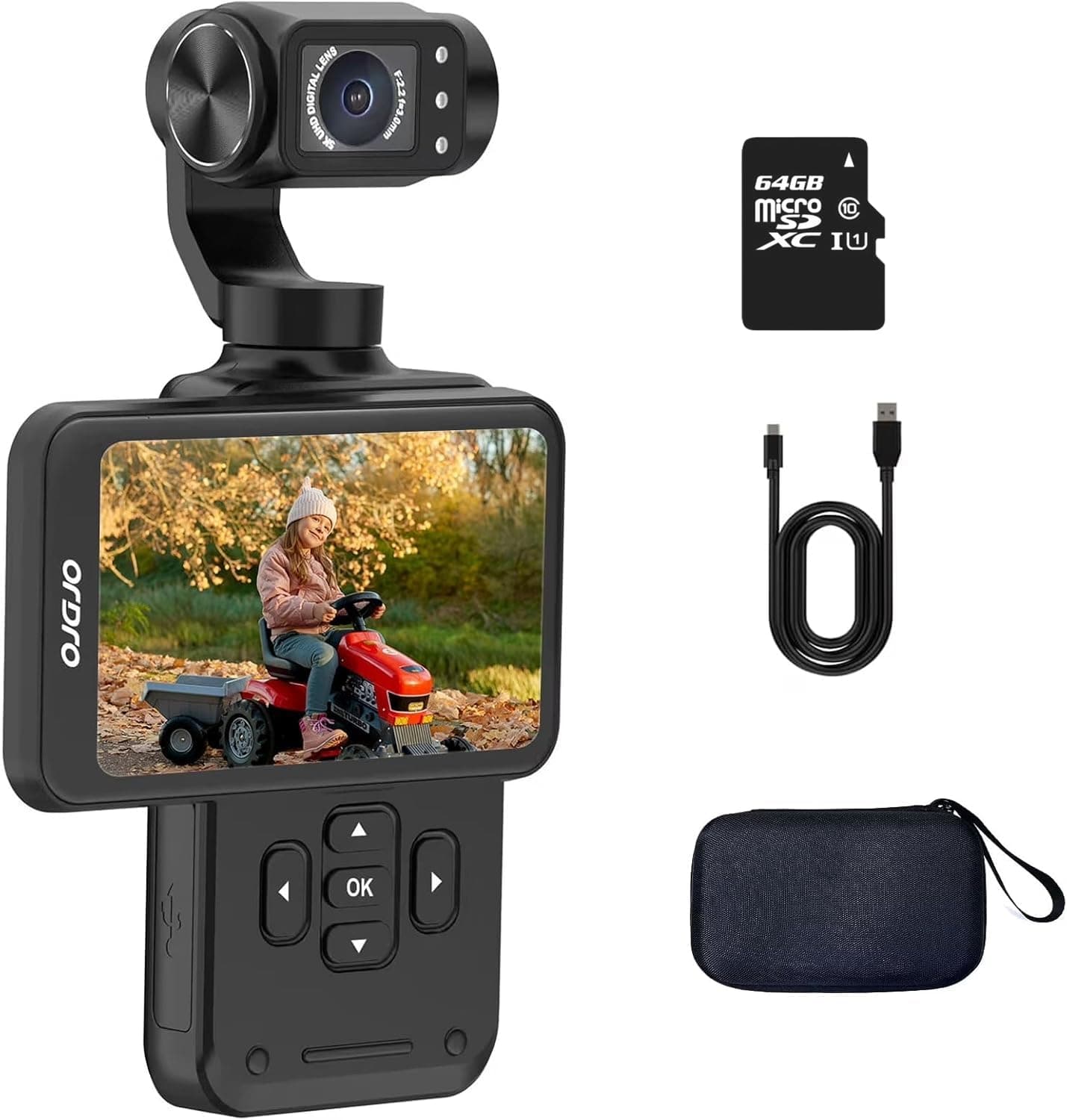 M5 Vlogging Camera 3-Axis Gimbal Stabilizer, 5K Handheld Camera 3.5'' Rotatable Touchscreen 120° Wide Angle, IR Night Vision Function, Fast Focusing,Face Tracking for YouTube Vlogs, 64G Card