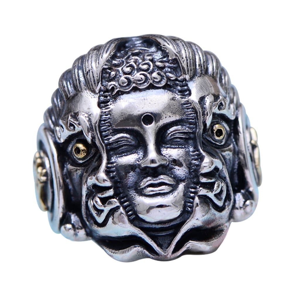 Two Tone 925 Sterling Silver Buddha Demon Ring Good or Evil Ring Punk Jewelry for Men Open Adjustable