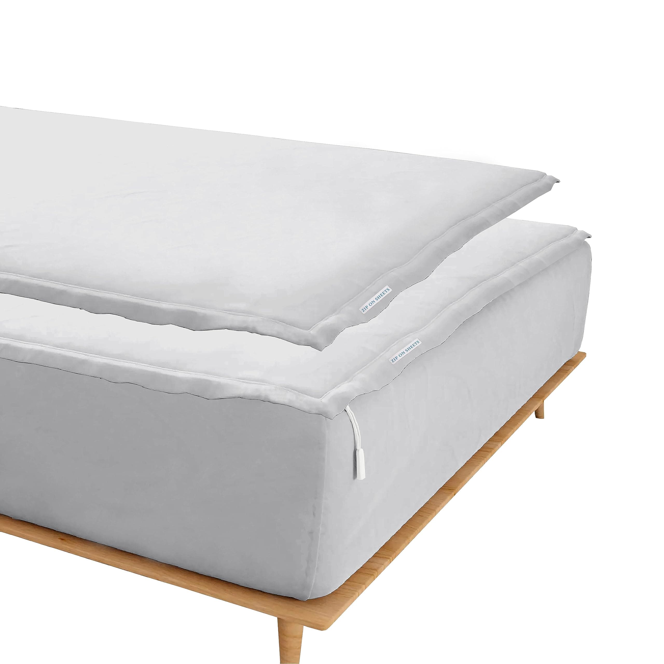 Zip On Sheets™ Zipper Fitted Sheet Queen Size - Upto 16” Inch Deep Pockets - Includes 1 Fitted Sheet Base & 2 Zip-On Sheets - Easy to Use, Sateen Cotton 500 TC Fitted Sheet - Silver Grey