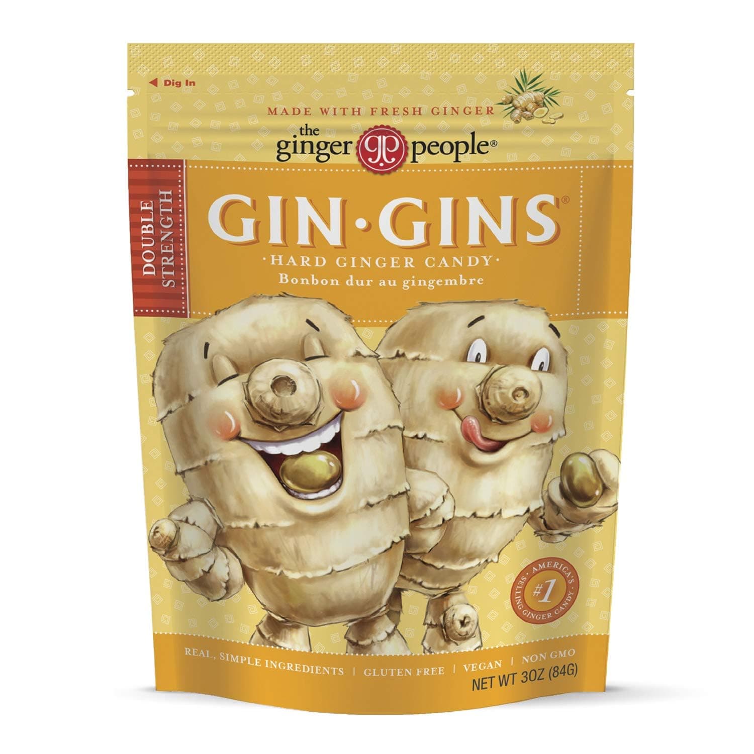 The Ginger People Gin Gins Hard Ginger Candy Double Strength | Natural Fresh Ginger Candy | Individually Wrapped Healthy Candy | Gluten Free | Vegan | 60 Grams