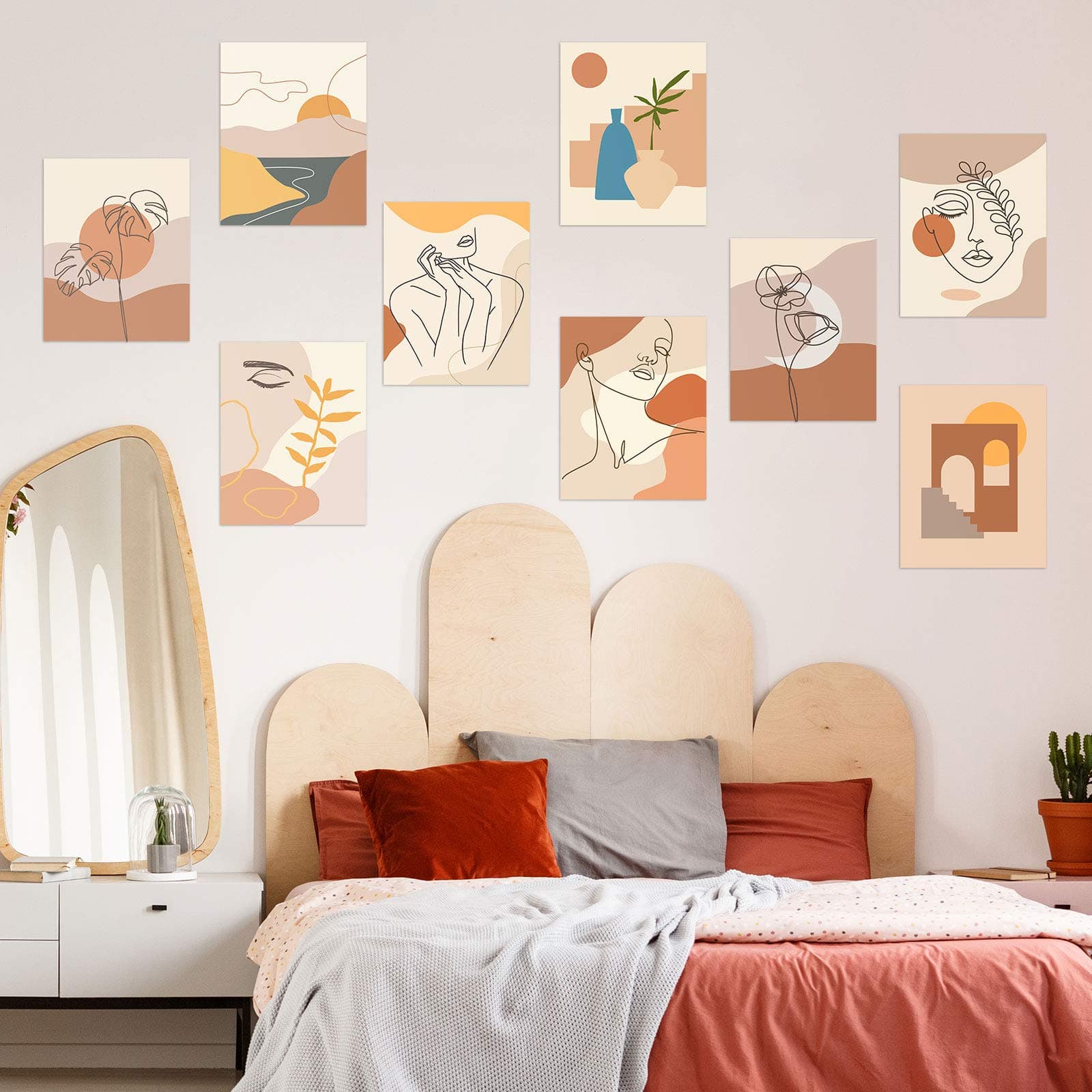 9 Pieces Minimalist Line Wall Art Prints Boho Abstract Modern Aesthetic Art Posters Unframed Woman Face Landscape Geometric Drawing Wall Art for Girls Women Bedroom Dorm Living Room, 8 x 10 Inch