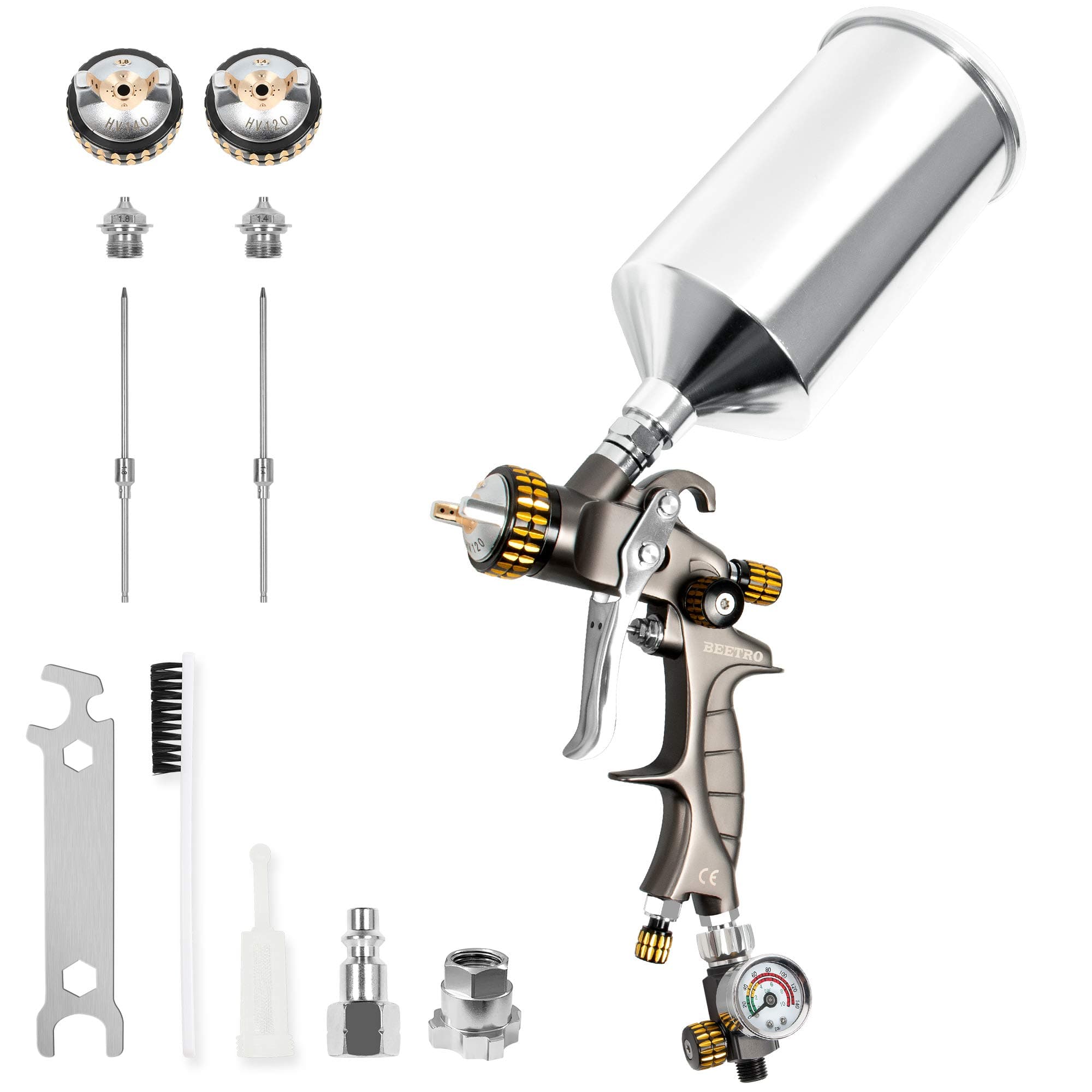 HVLP Air Spray Gun, 1000ml Capacity 14.3CFM 29-32psi 1.4mm/1.8mm Nozzles Stainless Steel with Type 2 Adapter Air Control Valve and Filter Professional Gravity Feed Sprayer Automotive