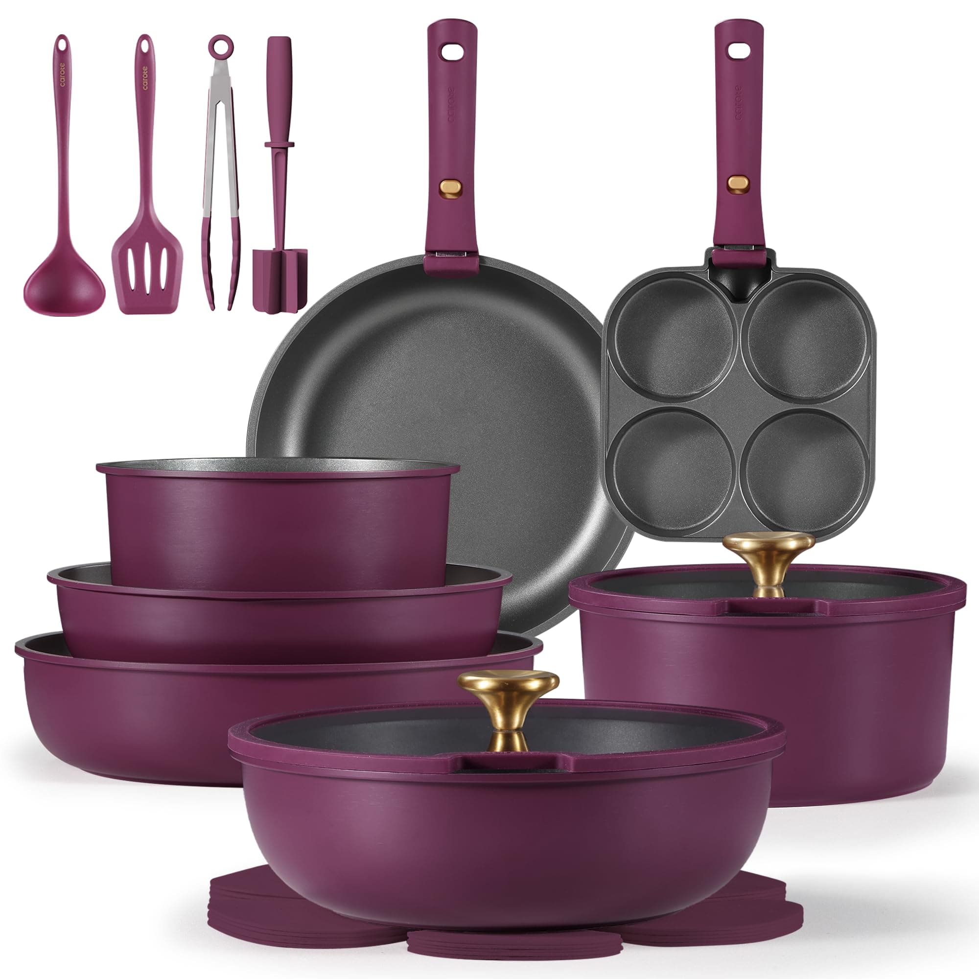 CAROTE 19pcs Pots and Pans Set, Nonstick Cookware Set Detachable Handle, Induction Kitchen Cookware Sets Non Stick with Removable Handle, RV Cookware Set, Gold and Purple