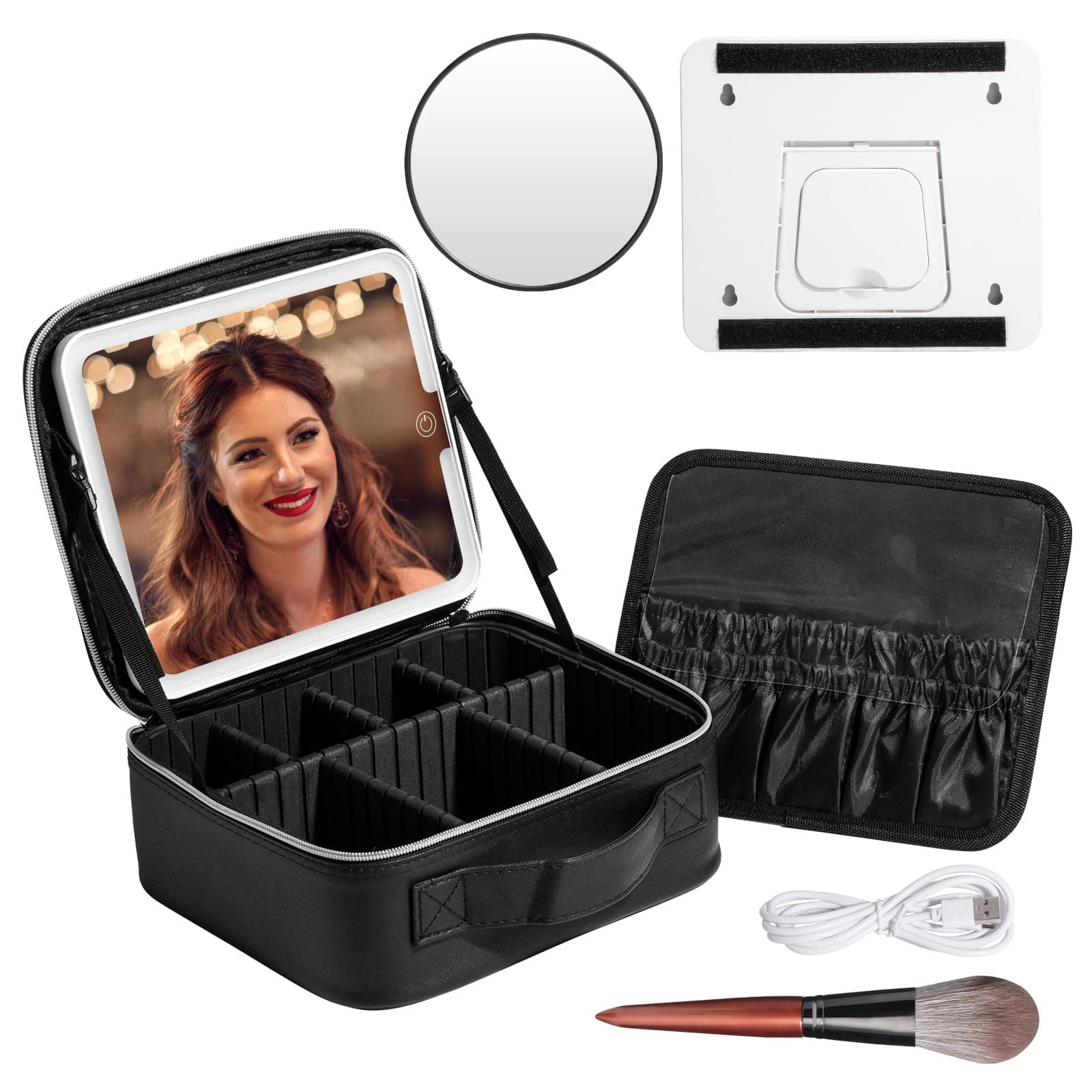BS-MALLMakeup LED Case Makeup Brush Holder With LED Mirror Makeup Tool Organizer Bag Makeup Brush Bag with Shoulder
