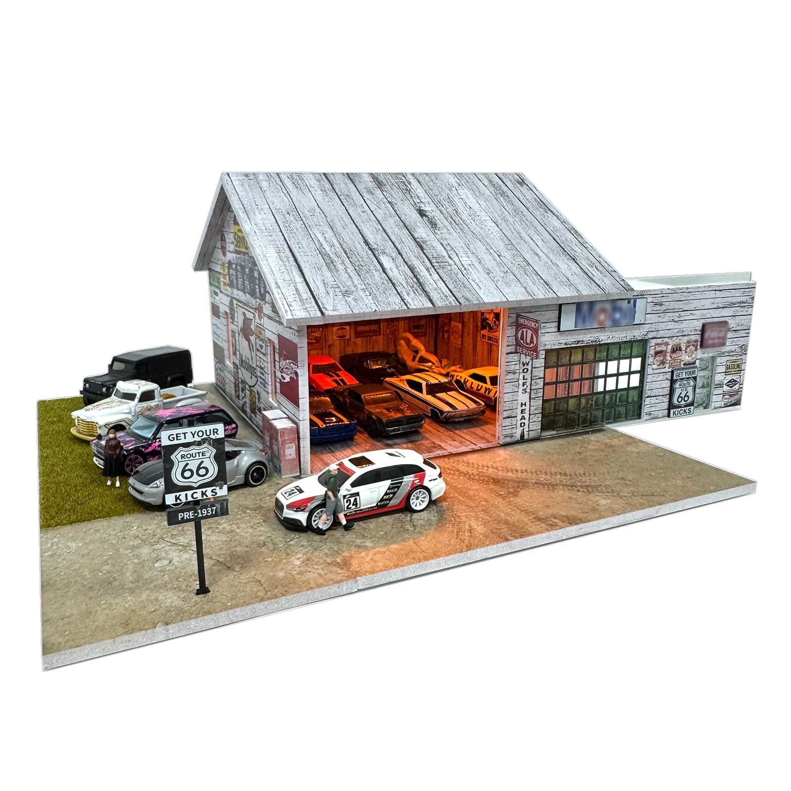 Bivitre 1/64 Diorama Display Case Garage with LED Lights - Compatible with Hot Wheels Matchbox Mini GT Diecast Cars, for 1:64 Model Car Display and Show Off (Warehouse)