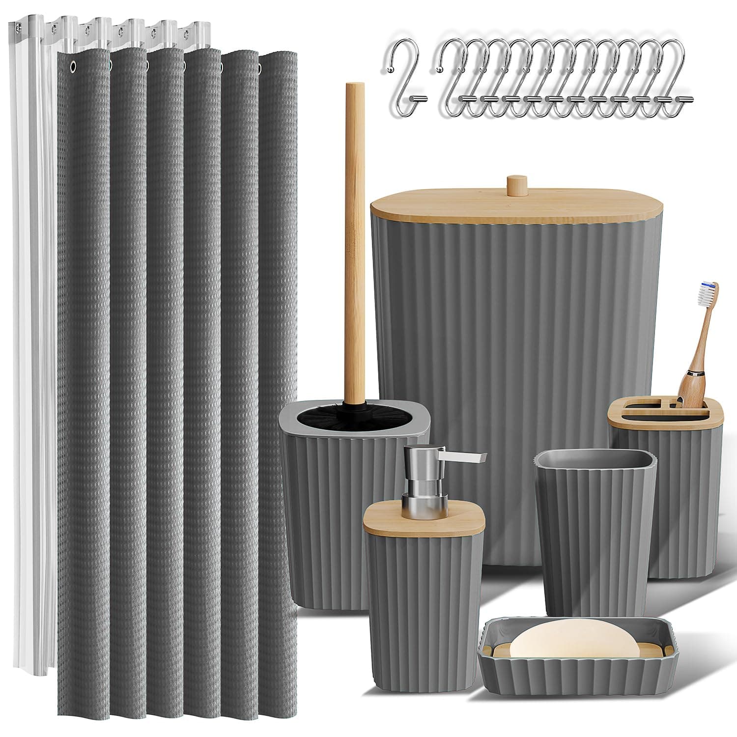 Clara Clark Bathroom Accessories Set - Bathroom Set, Bathroom Accessory Set, Shower Curtain Set, Toilet Brush, Trash Can & Soap Dispenser - Grey - 20PC