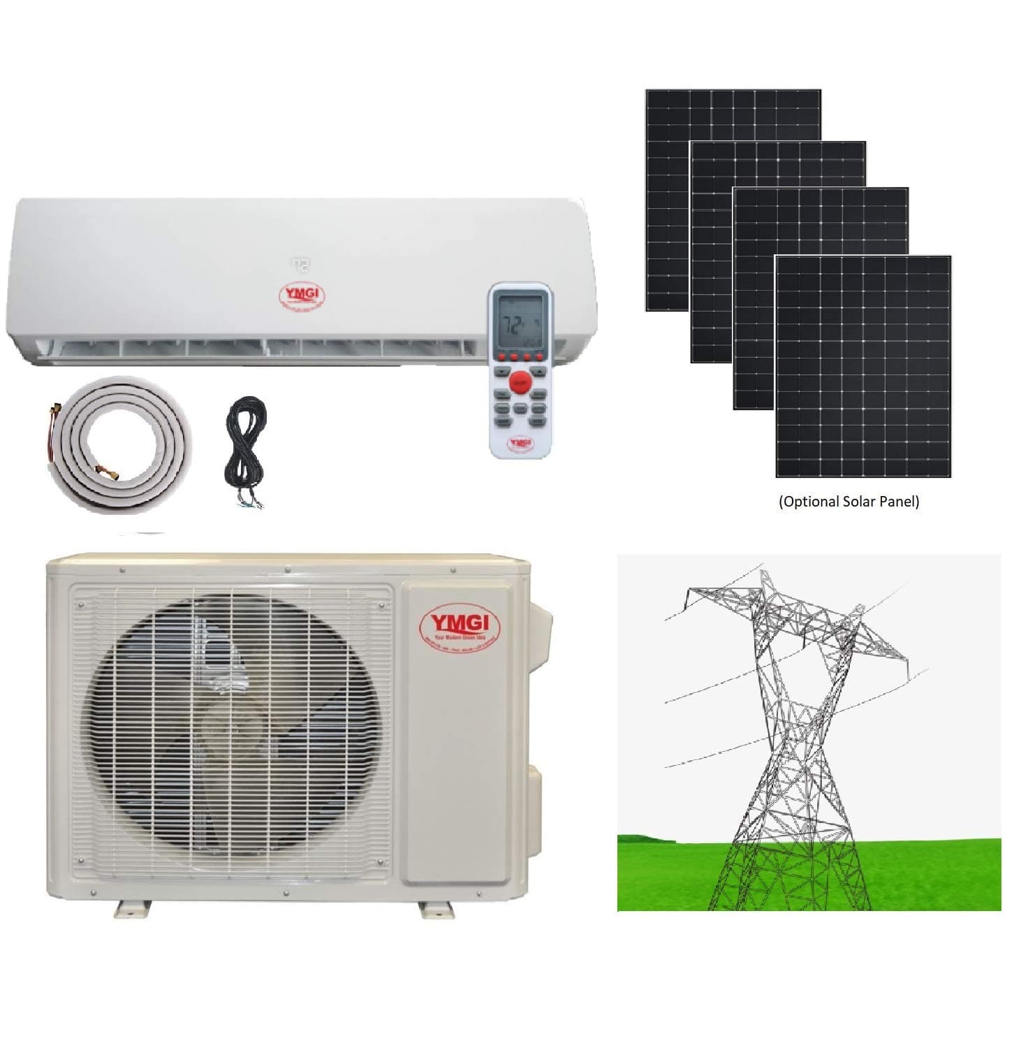 YMGI Ductless Mini Split Air Conditioner 1.5 Ton 18000 BTU up to 32 SEER Solar Assist Hybrid with Heat Pump with 15 Ft Installation Lineset Without Solar Panel