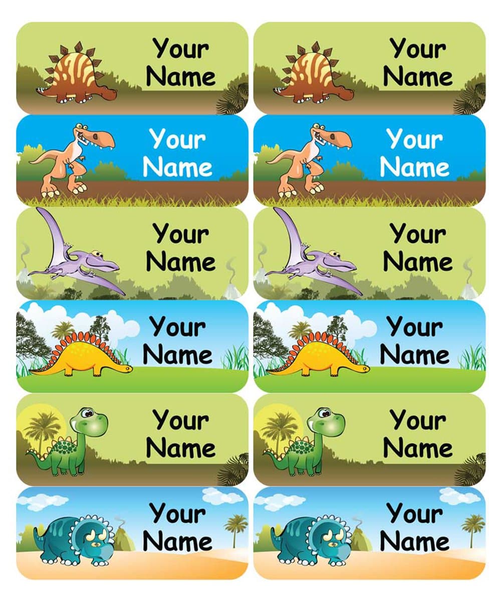 48 Personalised, Waterproof Medium Stick on Name Labels for kids (50x20mm) - Dinosaur Design - Ideal for School items - Water Bottles, Snack Boxes, Sports Gear, Musical Instruments etc. NOT suitable for Clothes.