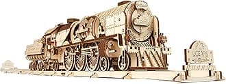 UGEARS V-Express Steam Train with Tender - 3D Wooden Puzzles For Adults DIY Train Set Model Kit - Mechanical 3D Puzzle Model Kits For Adults To Build - Advanced Level Building Set with Track - 538 Pcs