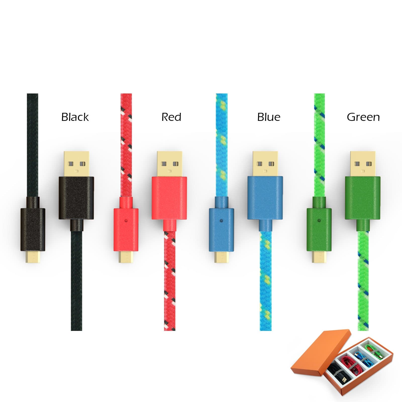 Cell Phone 4 Packs Micro USB Cable - 6.6feet 4.9ft 3.3 ft 1.6ft with Golden Connector - Strong Braided 20AWG - 4 Colors- Hi Speed Sync and Quick Charing USB Cables for Samsung Galaxy