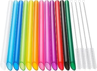 Angled Tips, 12 Pcs Wide Reusable Bubble Tea Straws with 4 Brushes - Multi Colors Jumbo Smoothie Straws, BPA FREE Plastic Straw for Bubble Tea (Tapioca, Pearls), Milkshakes
