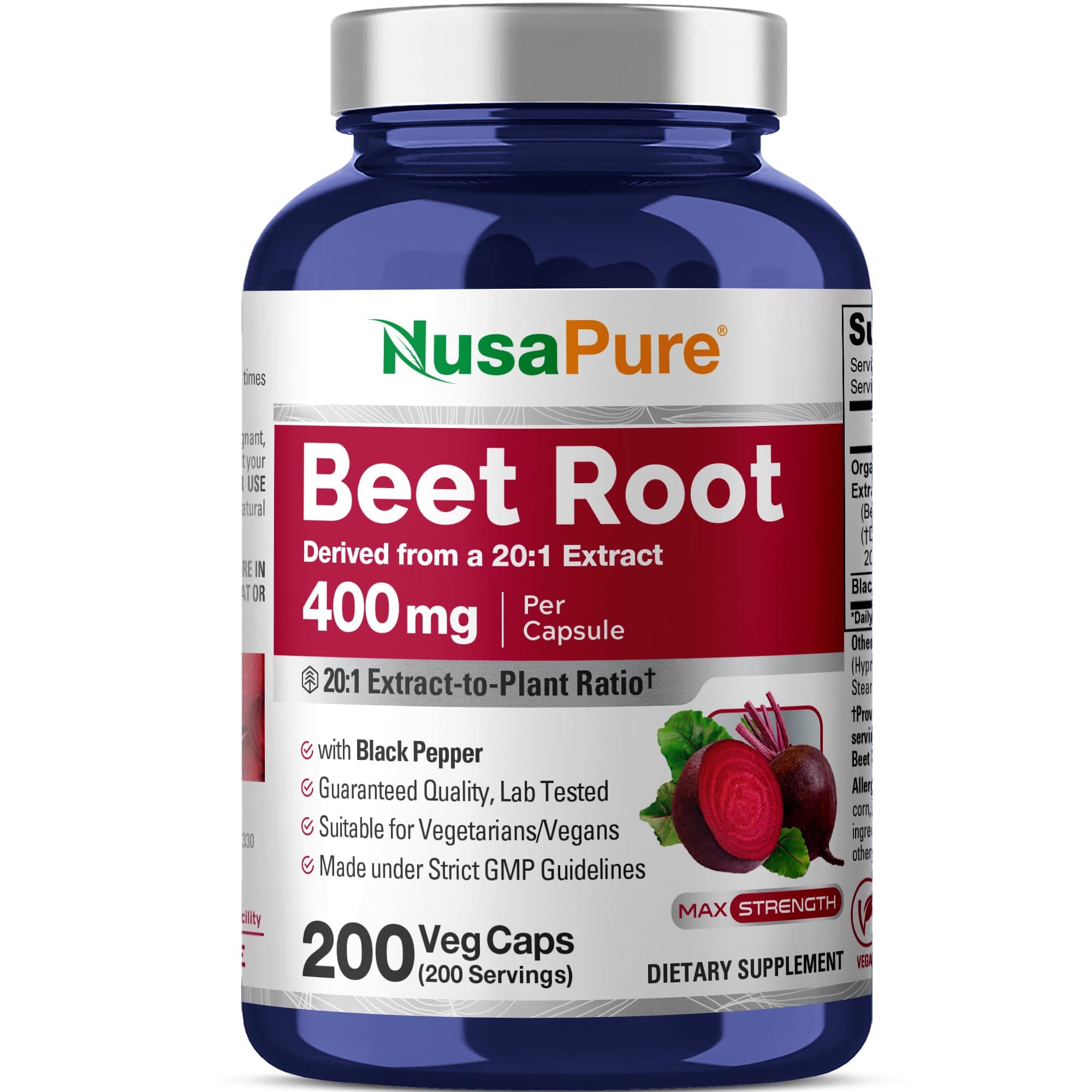 NusaPure Organic Beet Root, 400 mg, 200 Veg Capsules (Vegan, Non-GMO)