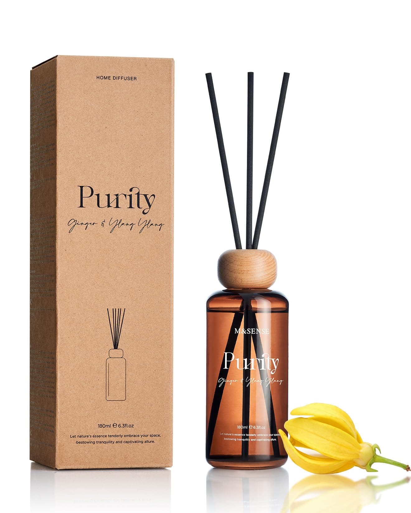 M&SENSE Reed Diffuser Set, Ginger Ylang Ylang Scented 6.3 fl oz Natural Essential Oil Diffusers with Sticks, Non-Toxic Organic Air Freshener, Long-Lasting Fragrance Oils for Home Bathroom Study Office