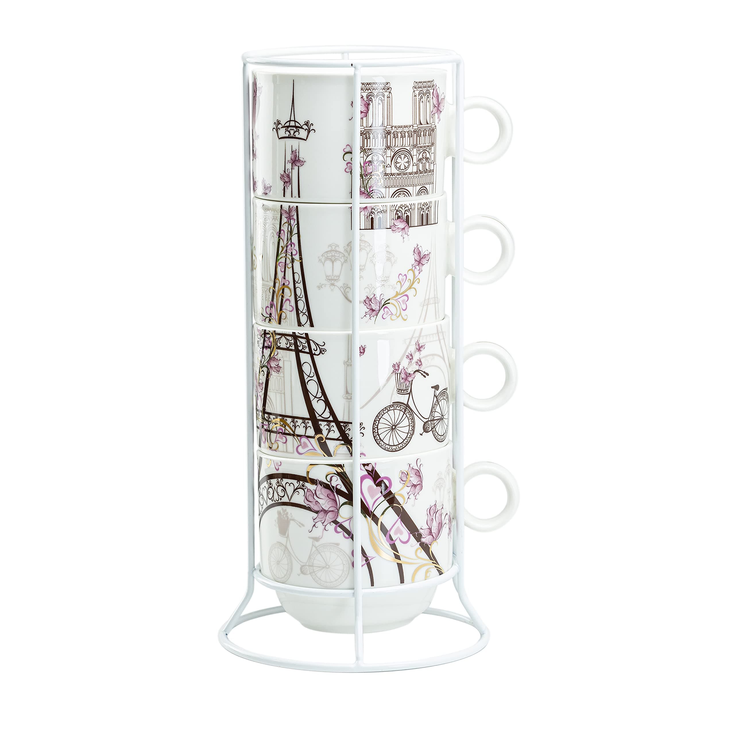 Stackable Coffee Tea Mug 10-Ounce Set of 4 with White Metal Stand (Paris Eiffel Tower Pink Gold)