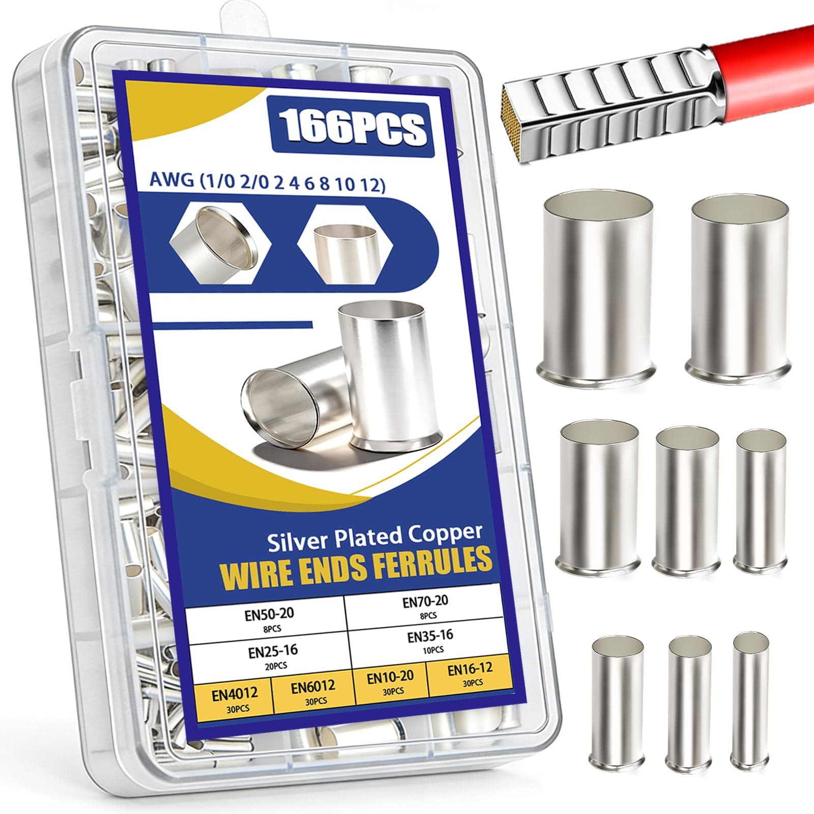 mankk 166PCS Wire Ends Ferrules Kit, 8 Sizes AWG(1/0 2/0 2 4 6 8 10 12) Silver Plated Copper Assortment Electrical Wire Crimp Connectors Terminals