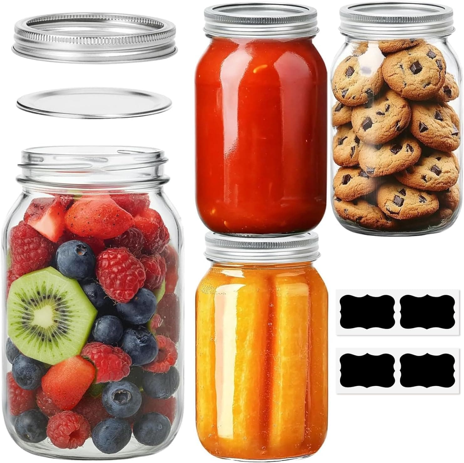 Wide Mouth Mason Jars with Lids 960ml, 4 Pack Pickling Jars for Home Cooks Making Jam and Preserves, Large Glass Jars for Ferments, Overnight Oats and Fresh Storage, Includes Ring & Labels