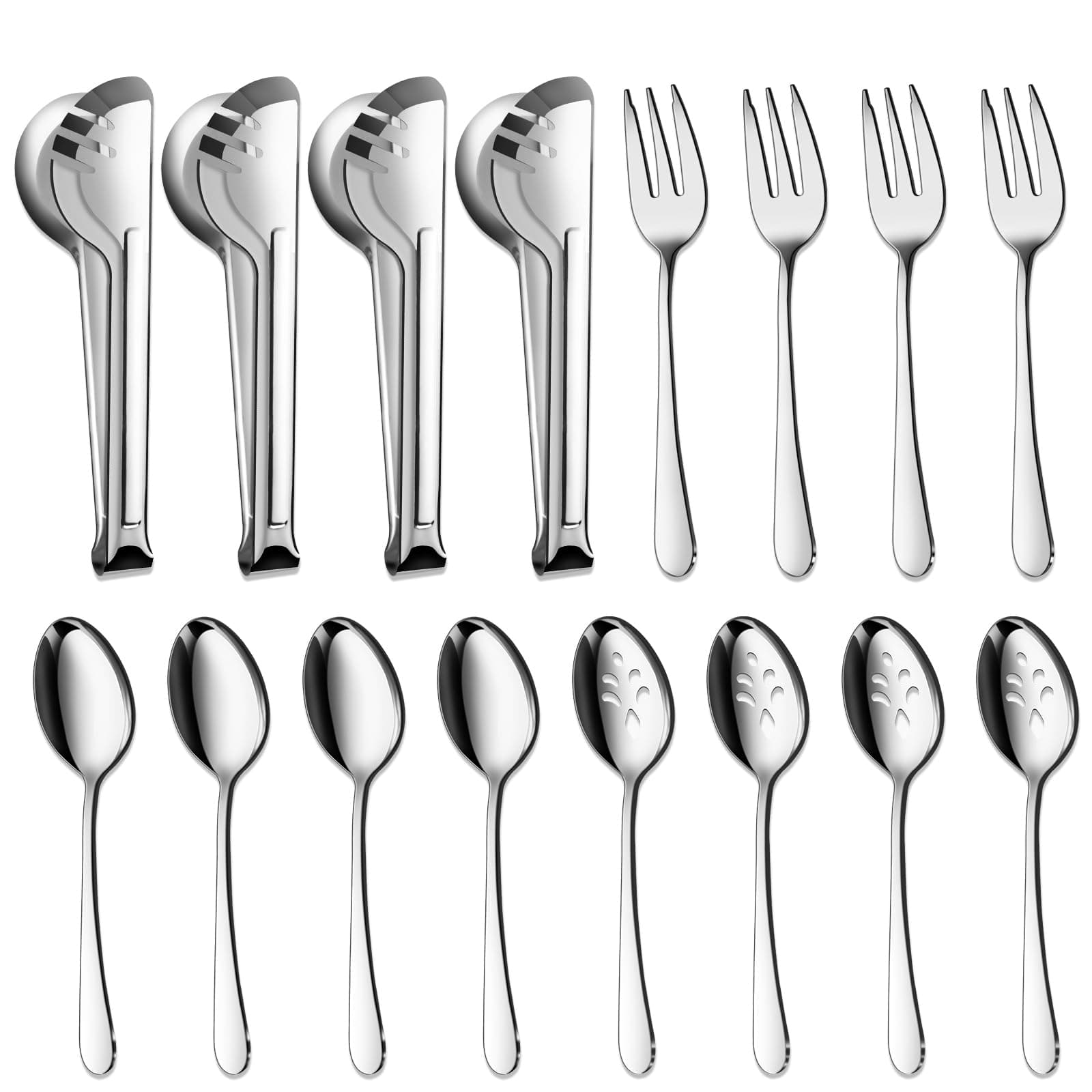 BEWOS Serving Utensils, 16-Piece Large Serving Set, 9.1” Serving Spoons, 9.1” Slotted Spoons, 9.1” Serving Forks, 9.5” Serving Tongs, Stainless Steel Serving Utensils Set for Parties, Dishwasher Safe