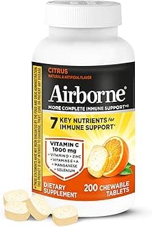 - Airborne Citrus Chewable Tablets, 200ct | Immune Support Supplement with 1000mg Vitamin C + Vitamins A, D, E, Zinc,Selenium, & Manganese | Herbal Blend | Gluten Free