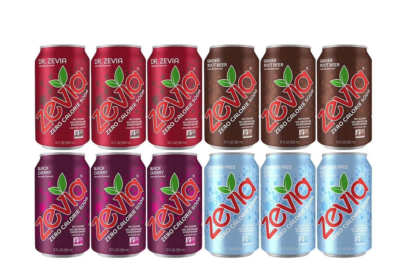 Zevia Soda Zero Calorie Sugar Free (12 pack) Ginger Root Beer, Black Cherry, Caffeine Free Cola, Dr. Zevia, Organic, Vegan, Gluten Free, Stevia Sweetened Keto Drinks