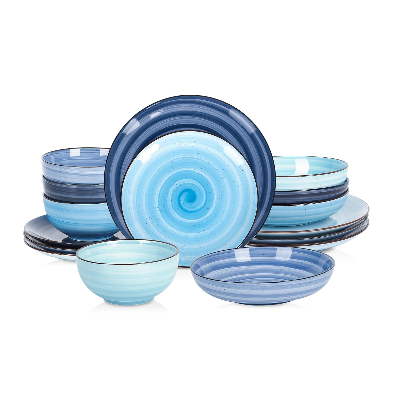Selamica Ceramic 16-Pieces Dinnerware Set, Ceramic Dishes Set for 4, Kitchen Plates and Bowls Sets, Dinner Plates Set, Spray Black Dots, Gradient Blue