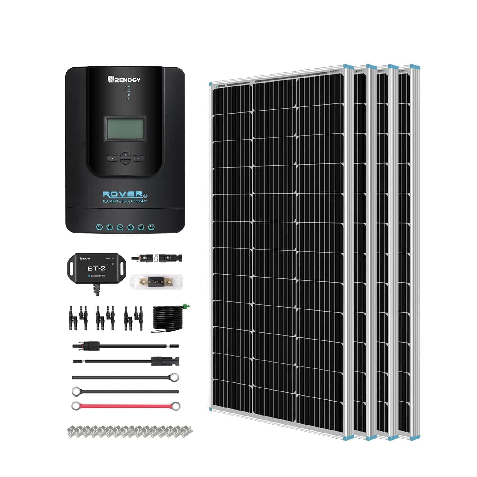 400 Watt 12 Volt Premium 4 Pcs 100W Panel+40A MPPT Charge Controller+ Bluetooth Module Fuse+ Mounting Z Brackets+Adaptor Kit +Tray Cables Set, 400W, Grid 12V Solar Power System