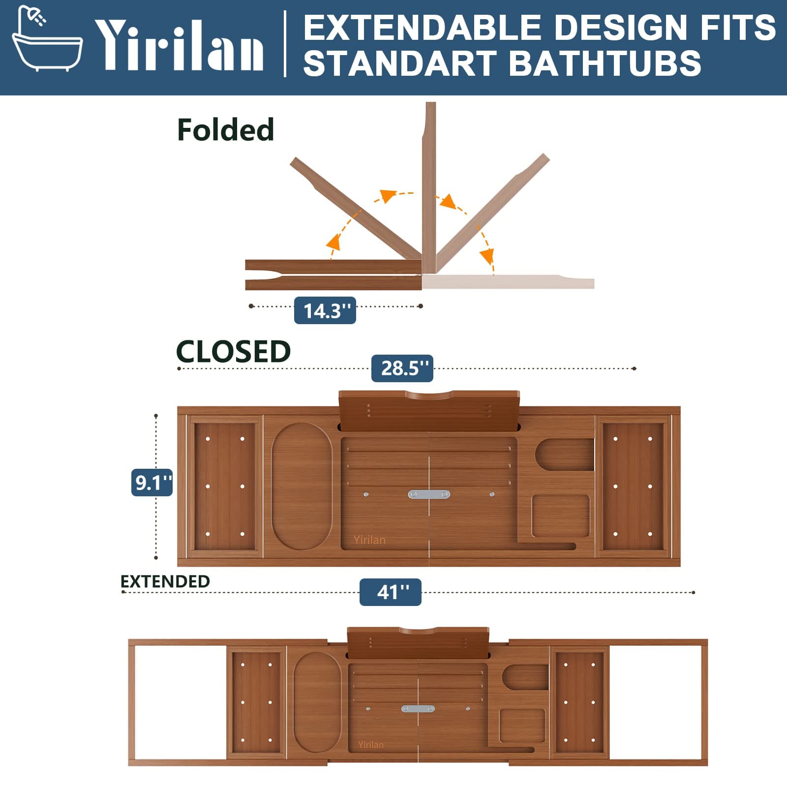 Yirilan Bath Tray - Foldable Bathtub Caddy - Adjustable Premium Bamboo Bathroom Tray for Tub, for Home Spa - Gift Idea for Loved Ones - Brown