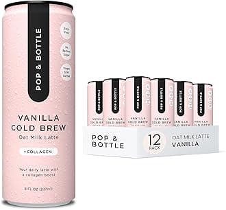 Pop & Bottle, Oat Milk Lattes - Cold Brew With Sustainably Sourced Marine Collagen, Mct Oil, Oat Milk, Organic, Dairy Free, Gluten Free, Great As Iced Coffee, Lightly Sweetened With Dates - Vanilla, 8 Fl Oz (12 Pack)
