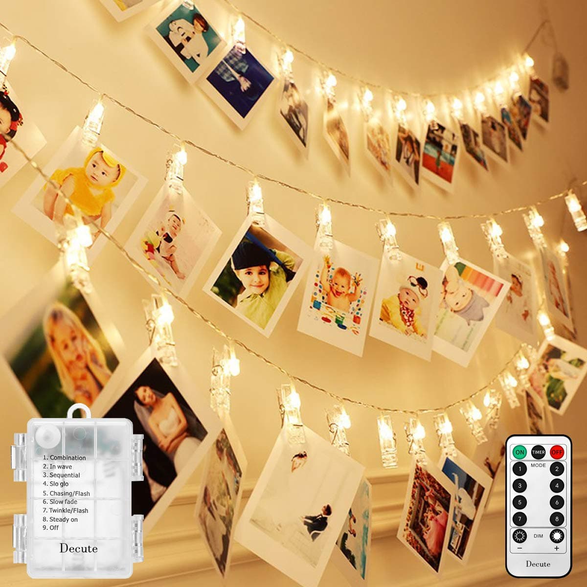 Decute 50LED Photo Clips String Lights Holder Timer Function 8 Modes Dimmable with Remote, 17FT Fairy Starry Lights for Christmas Card Bedroom Wedding Party Hanging Photos Pictures Memos, Warm White