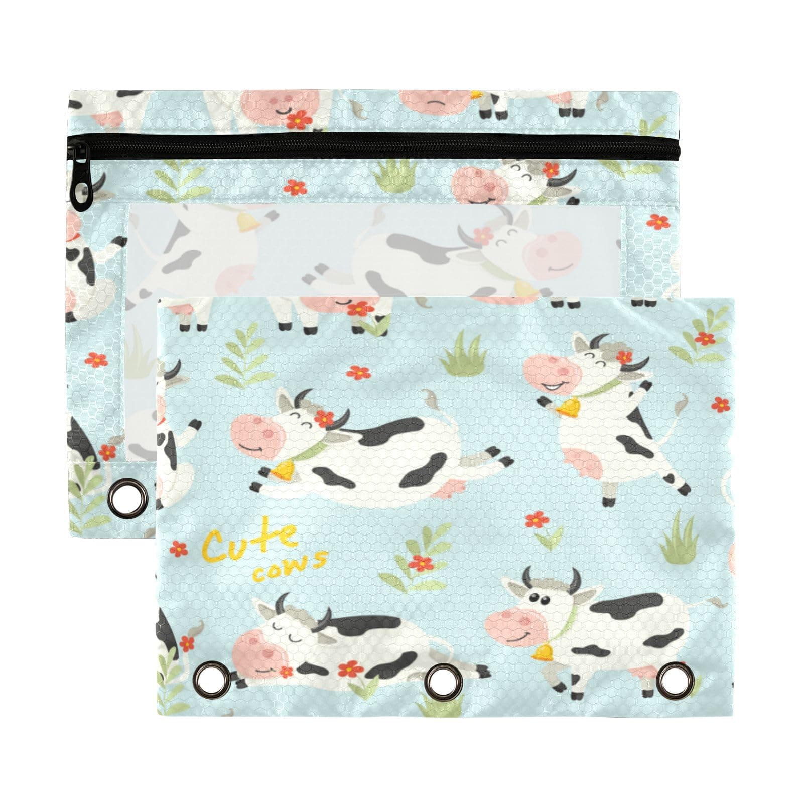 KLL 2 Pack Binder Pencil Pouch 3 Ring Zipper Clear Window Pen Case Big Capacity Cosmetic Bag Storage Container for Storing Office Supplies Cute Cows