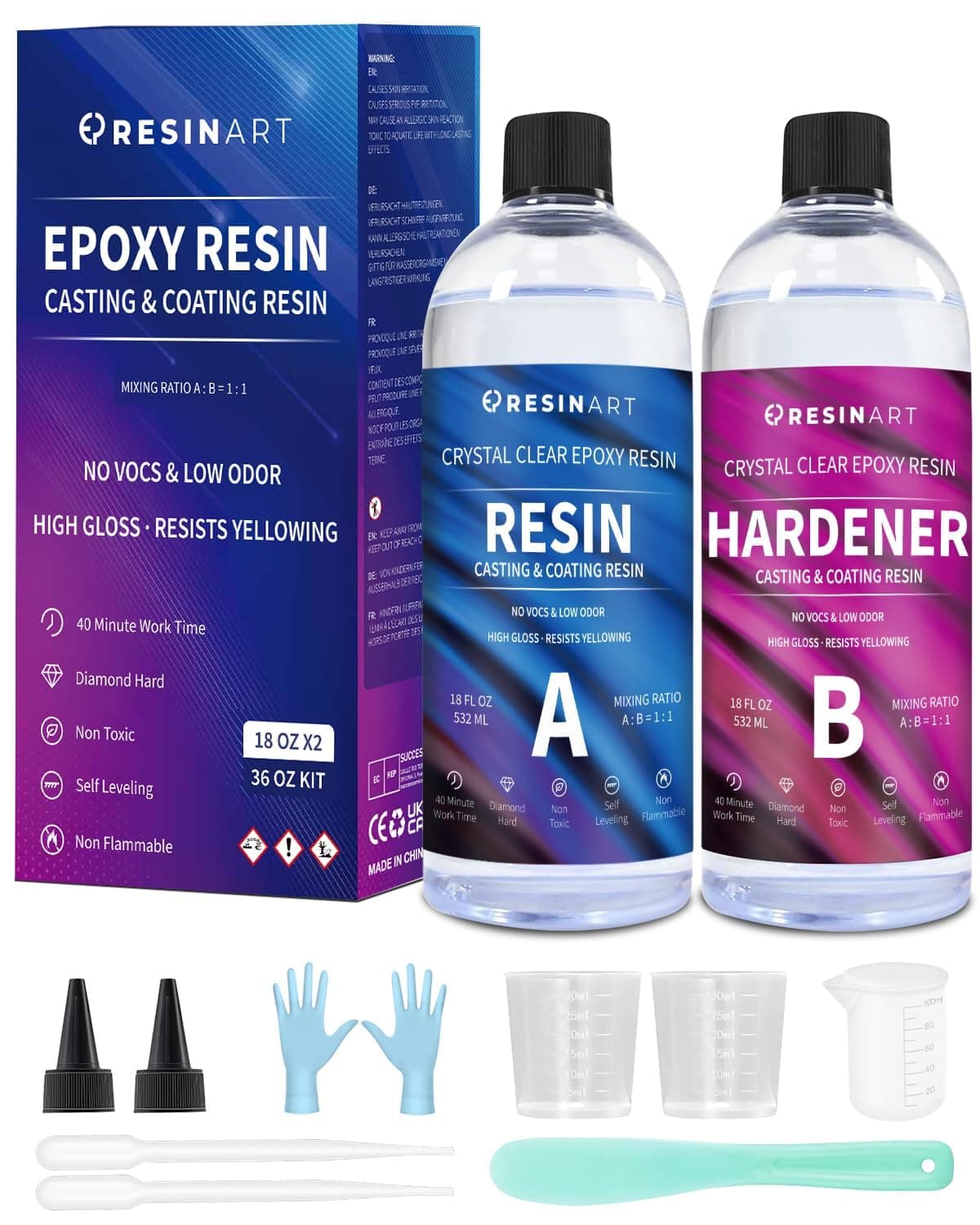 Epoxy Resin Beginner's Kit, 36oz/1064ml Non Toxic Epoxy Clear Casting Resin Set, 1:1 Ratio Epoxy Resin for Wood, Jewellery Art, Decorative Tabletop, Restoration and Coating