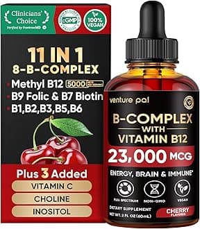 Vitamin B Complex Liquid Drops, B12 Methylcobalamin | B9 Folic | B1,B2,B3,B5,B6,B14 - Vitamin C, Choline, Inositol, Immune & Energy Metabolism, Brain & Heart Support