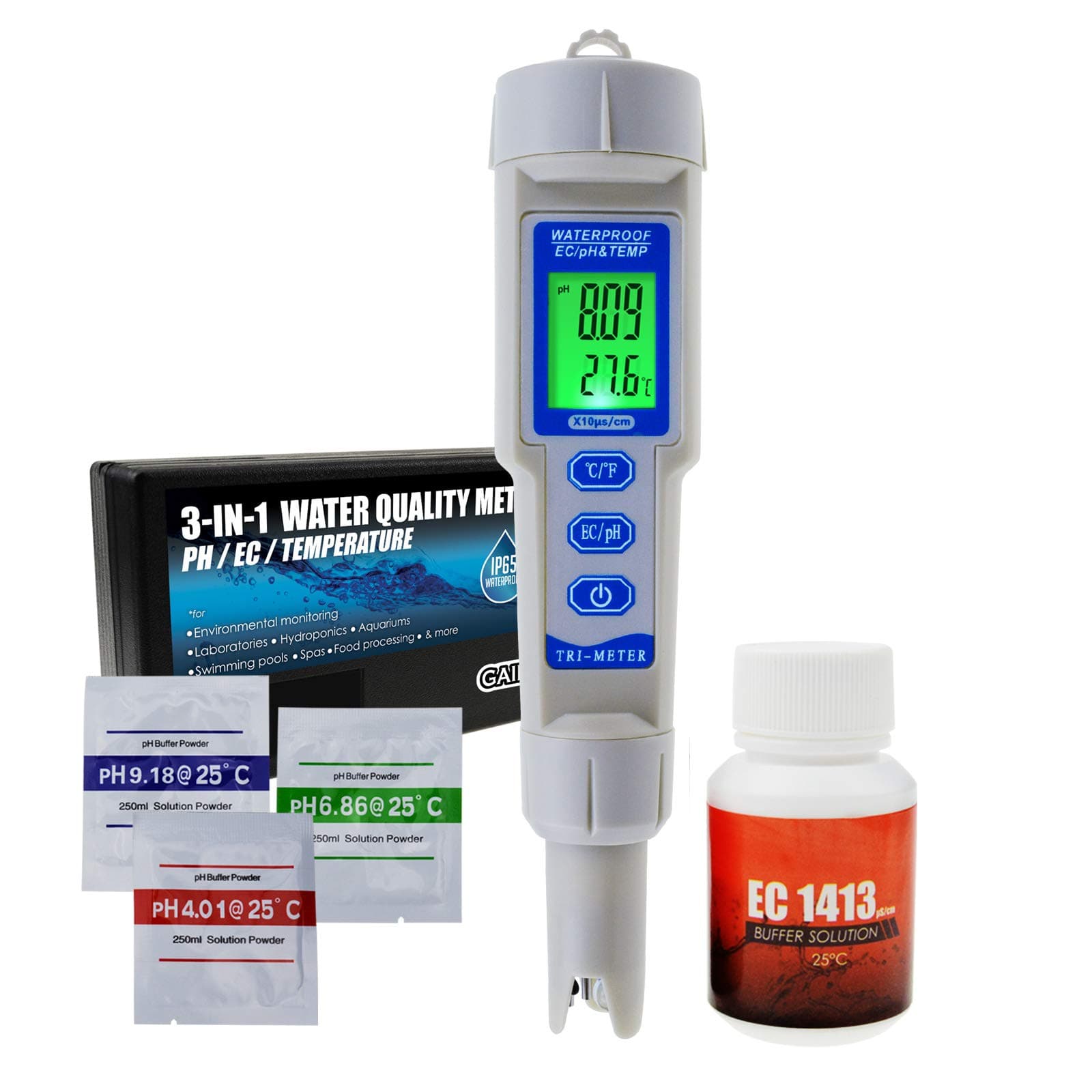pH/EC/Temperature Meter ATC 3 in 1 Waterproof Pen Type Water Quality Combo Multi-Parameter Tester Monitor Analyzer Acidometer, Test Kit for Aquariums Hydroponics Pool Spa Drinking Purity