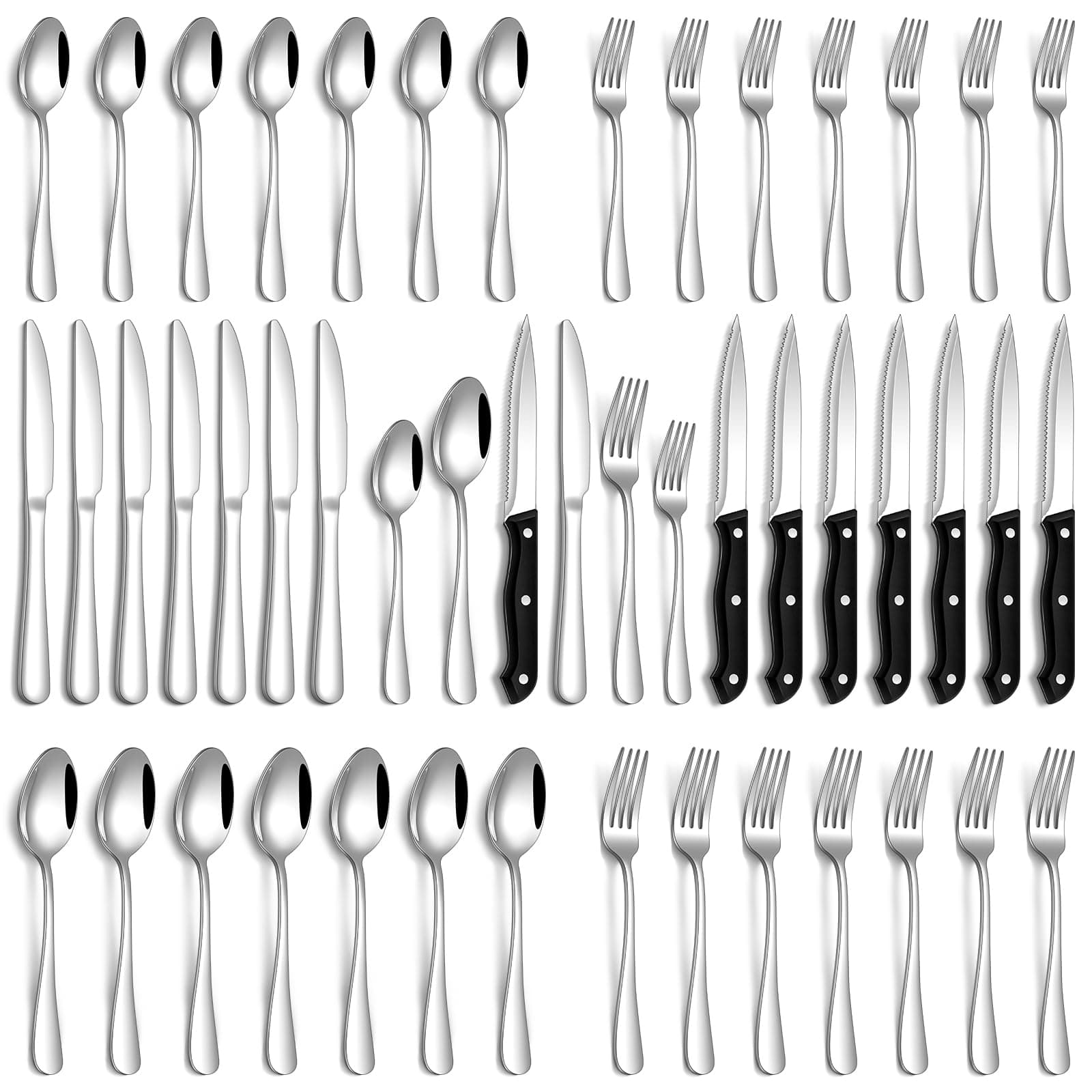 Silverware Set, 48-Piece Flatware Set with Steak Knives for 8, Stainless Steel Mirror Cutlery Include Forks Spoons and Knives Set, Dishwasher Safe Utensils Set for Home Restaurant