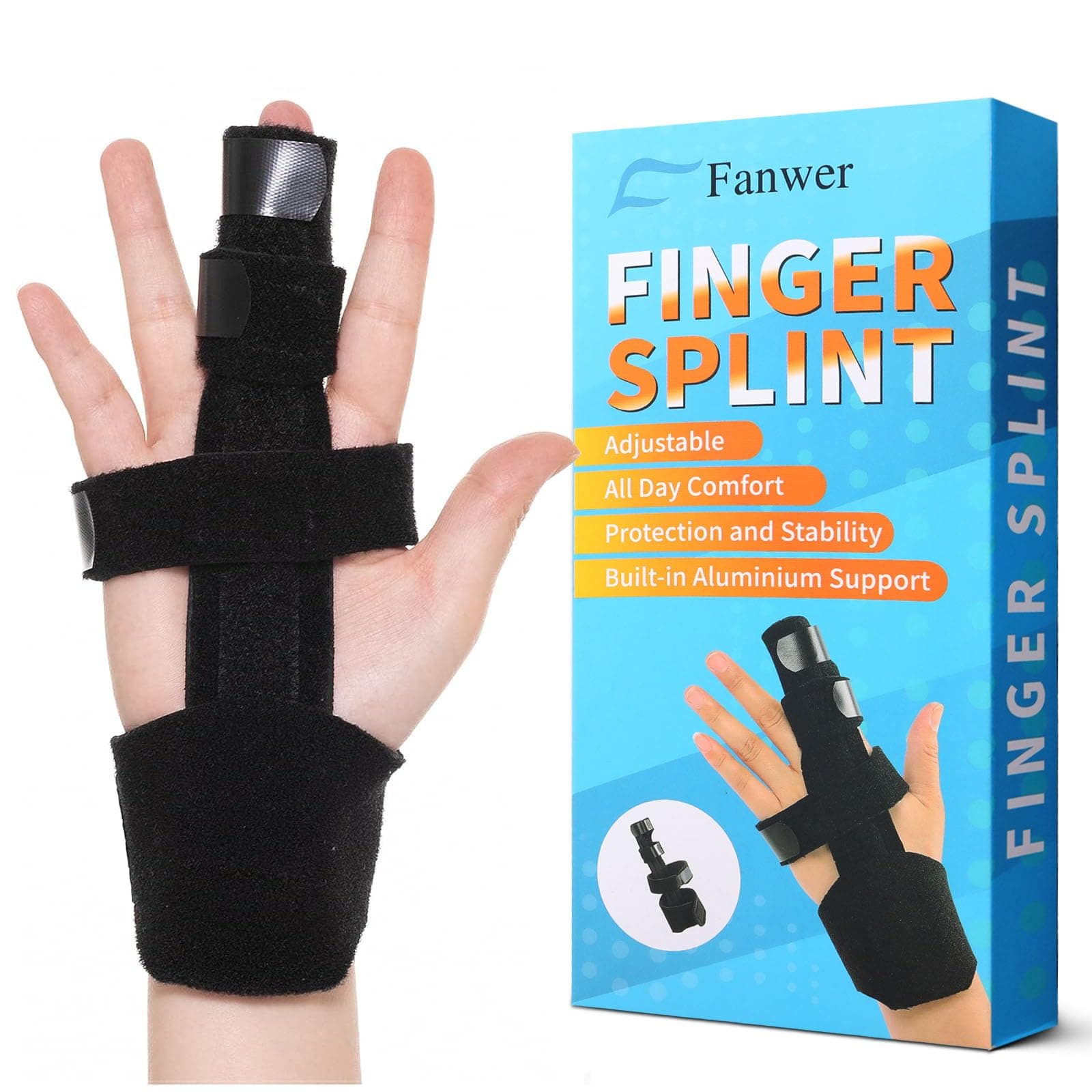 Fanwer Full Trigger Finger Splint, Reversible Middle Finger Extension Splint, Right or Left Adjustable Finger Brace for Straightening, Broken Finger, Mallet Finger, Arthritis, Tendonitis