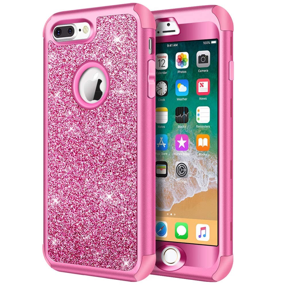 Hython Designed for iPhone 8 Plus, iPhone 7 Plus Case, Heavy Duty Defender Protective Bling Glitter Sparkle Hard Shell Hybrid Shockproof Rubber Bumper Cover for 7 Plus and 8 Plus, Rose Red