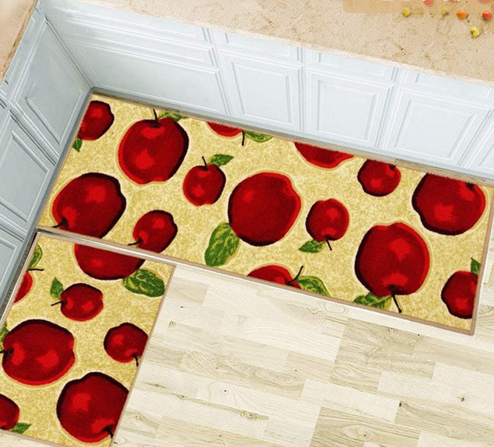 Machine Washable Kitchen Rugs and Mats 2pcs Sets Red Apple Design Non-Slip Absorbent Kitchen Rug Runner(1'3x2'0+1'3x4'0, Red)