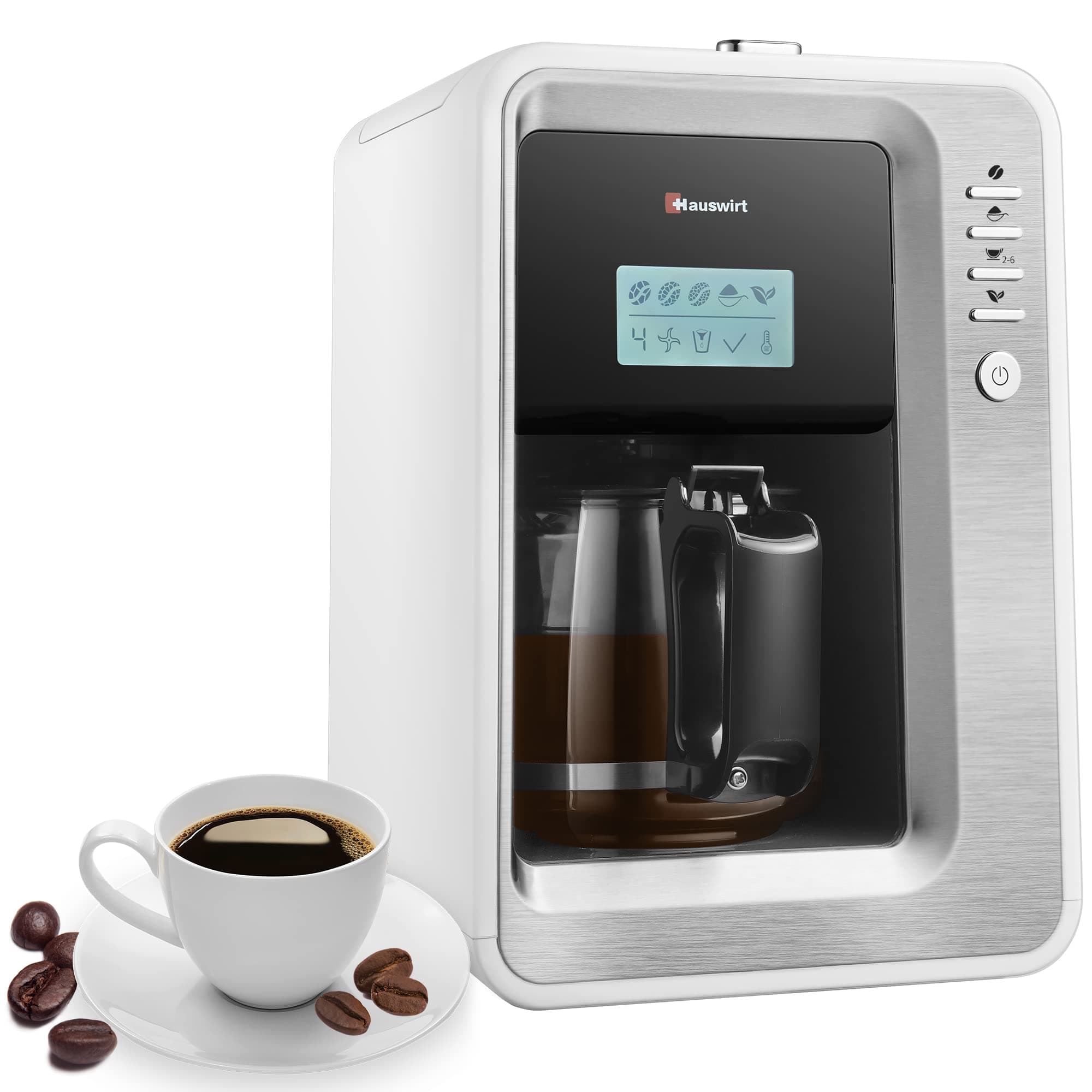 HAUSWIRT Bean to Cup Coffee Machine, Filter Coffee Machine with Grinder, Drip Coffee Maker with 0.9L Glass Jug, 3 Grind Flavours & Tea Brewing Function, Keep Hot for 2 Hours, Fully Automatic - White