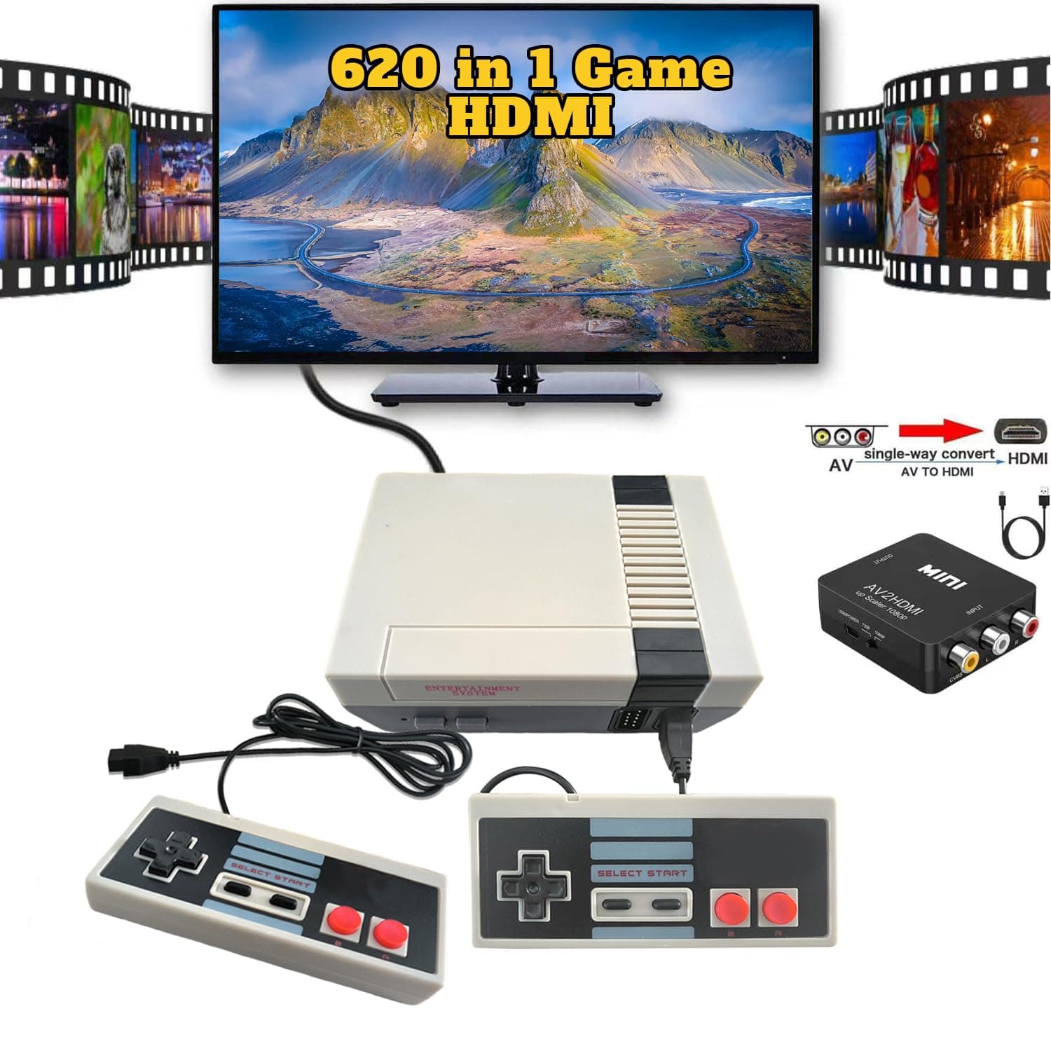 Retro Game Console, AV and HDMI Output 8-Bit Classic Game Console with Built-in 620 Games and 2 Retro Controllers for Christmas Birthday