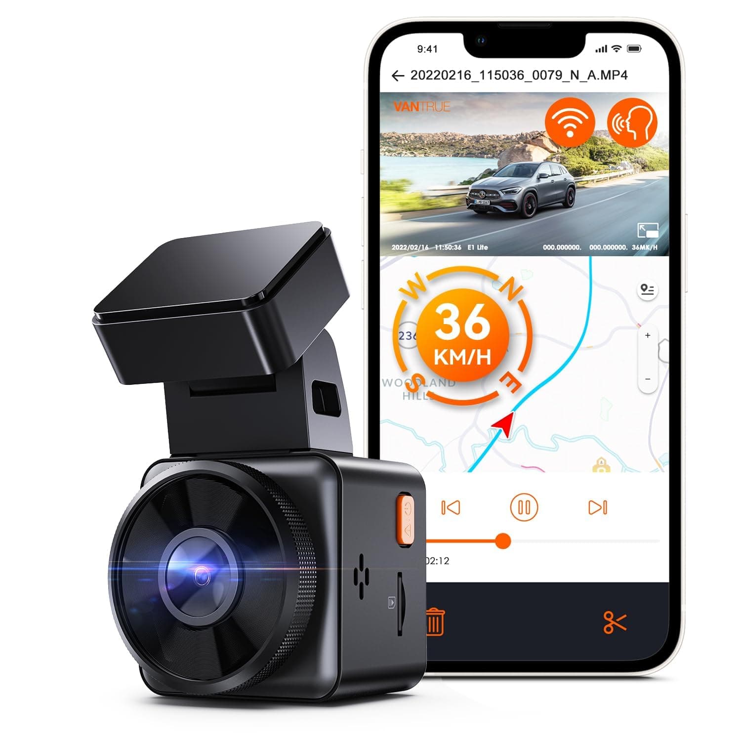 Vantrue E1 Lite 1080P WiFi Mini Dash Cam with GPS and Speed, Free App, Voice Control Detachable Dash Camera, 24 Hours Parking Mode, Night Vision, Motion Detection, Loop Recording, Support 512GB Max