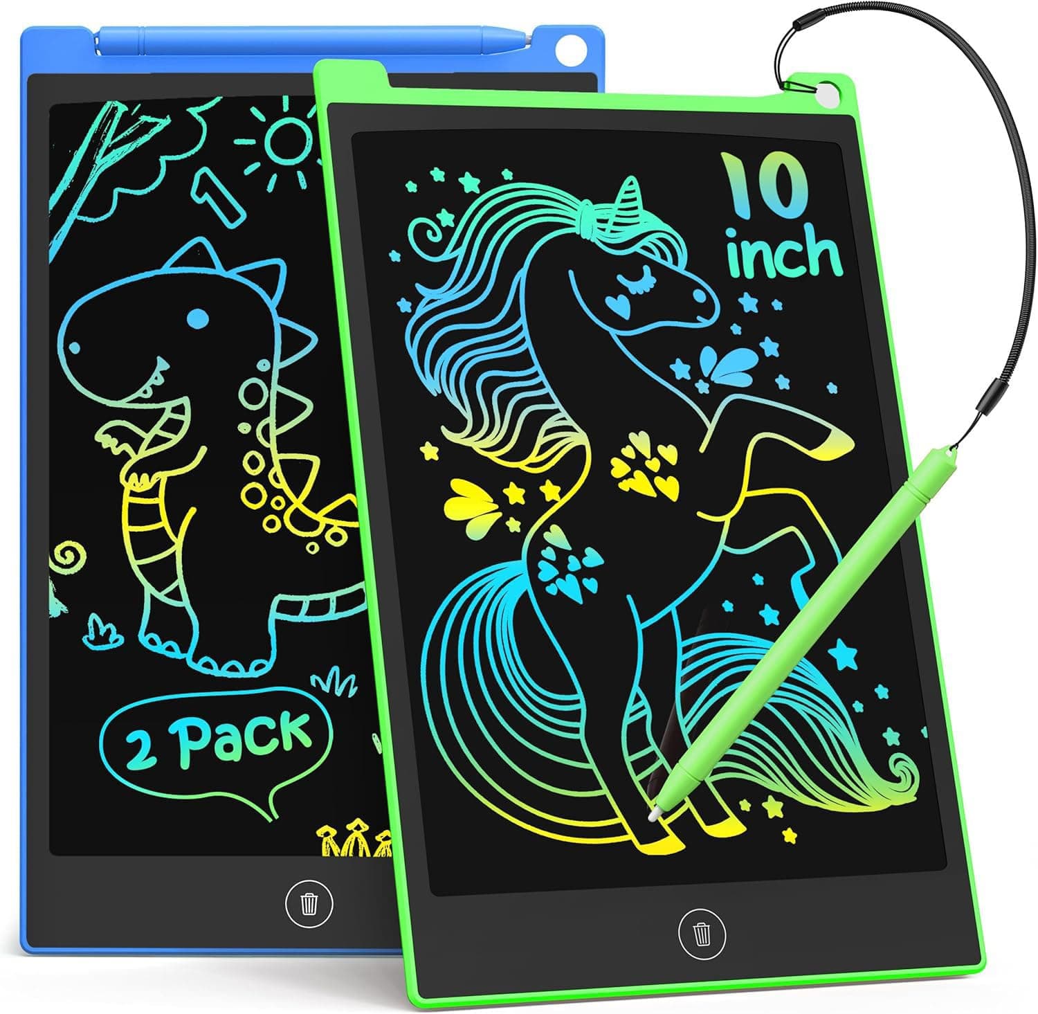 TECJOE 10 Inch 2 Pack LCD Writing Tablet, Colorful Doodle Board Drawing Tablet for Kids, Kids Travel Learning Toys Christmas Birthday Gifts for 3 4 5 6 7 8 Year Old Boys and Girls Toddlers