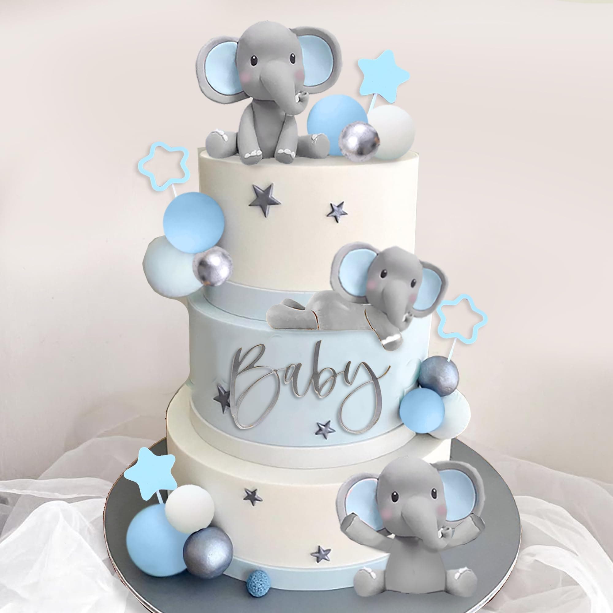 32 PCS Elephant Cake Decoration with Mini Elephant Blue White Pearl Balls for Elephant Theme Birthday Supplies (BLUE)