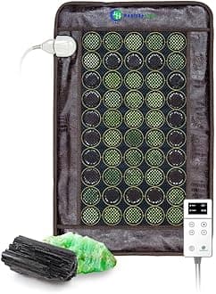 HealthyLine Far Infrared Light Electric Heating Pad for Pain Relief - 50 Pieces Natural Jade and Tourmaline Gemstones - Negative Ions, Flexible Mat - FSA or HSA Eligible