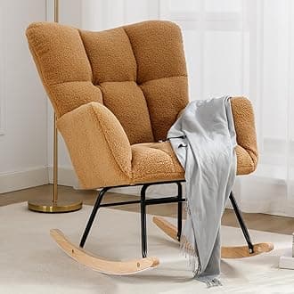 Traditional Teddy Upholstered Glider Rocking Accent Chair, Padded Seat with High Backrest, Comfy Side Chair for Living Room, Bedroom, Offices (Kahaki Teddy)