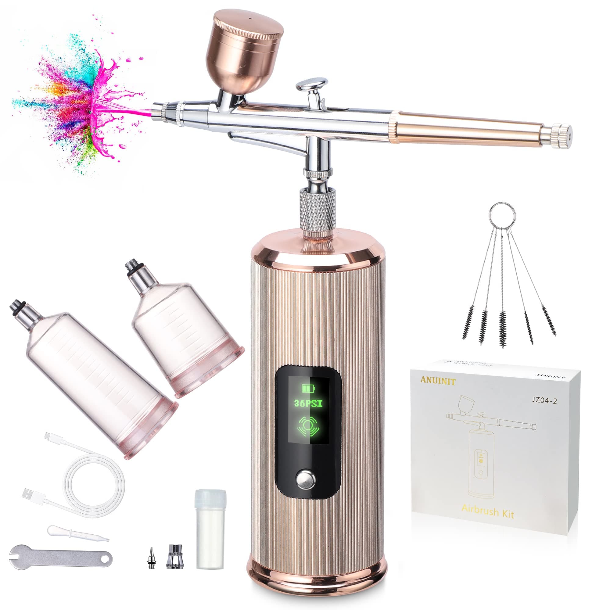 ANUINIT Airbrush Kit with Compressor 36PSI LCD Screen Dual-action Mode Upgraded Cordless Airbrush for Nails, Makeup, Painting, Cake, Artwork Coloring, Portable Handheld Anti-slip Rechargeable Airbrush
