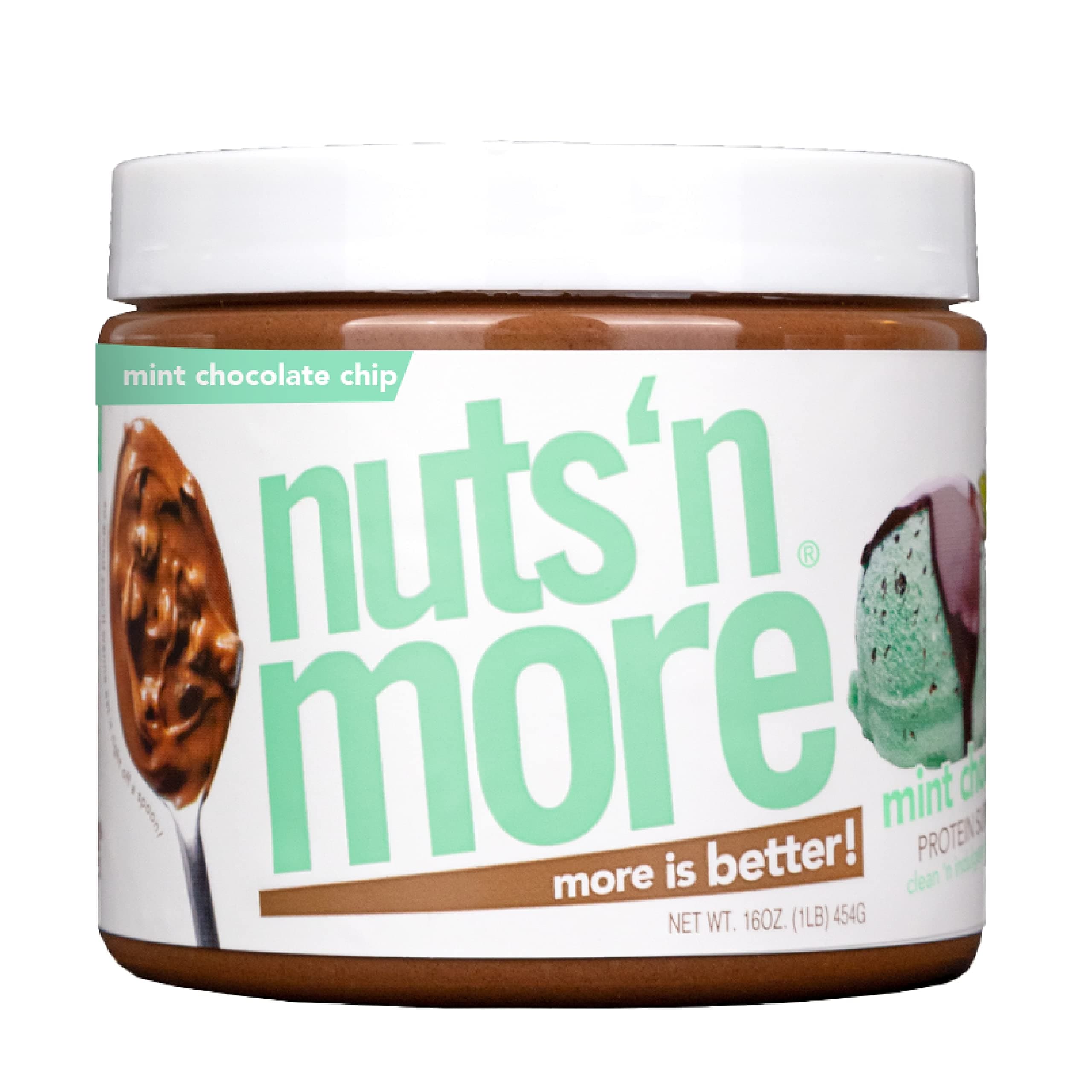Nuts 'N More Mint Chocolate Chip Peanut Butter Spread, All Natural High Protein Nut Butter Healthy Snack, Omega 3’S, Antioxidants,16 Oz Jar 1 Pound (Pack of 1)