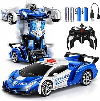 FIGROL Police Transformer Car, 2.4GHz Remote Control Police Car, One-Key Auto Transform, Dual Rechargeable Batteries, 360° Rotation, LED Lights Toy Gift for Boys Girls Ages 3+